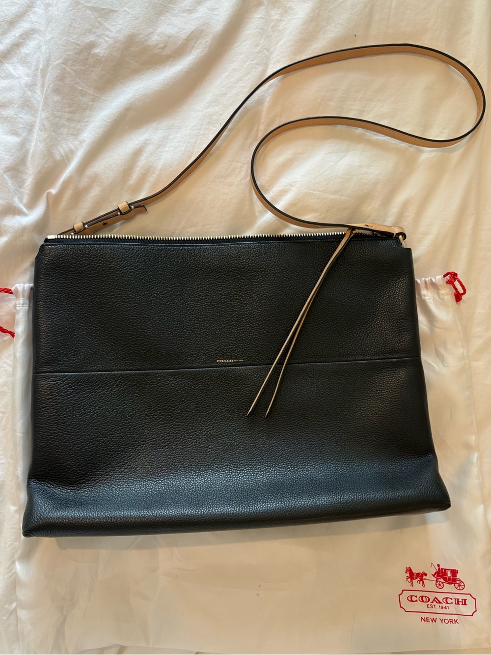 Coach Black Leather Crossbody with Tan-Trim Strap